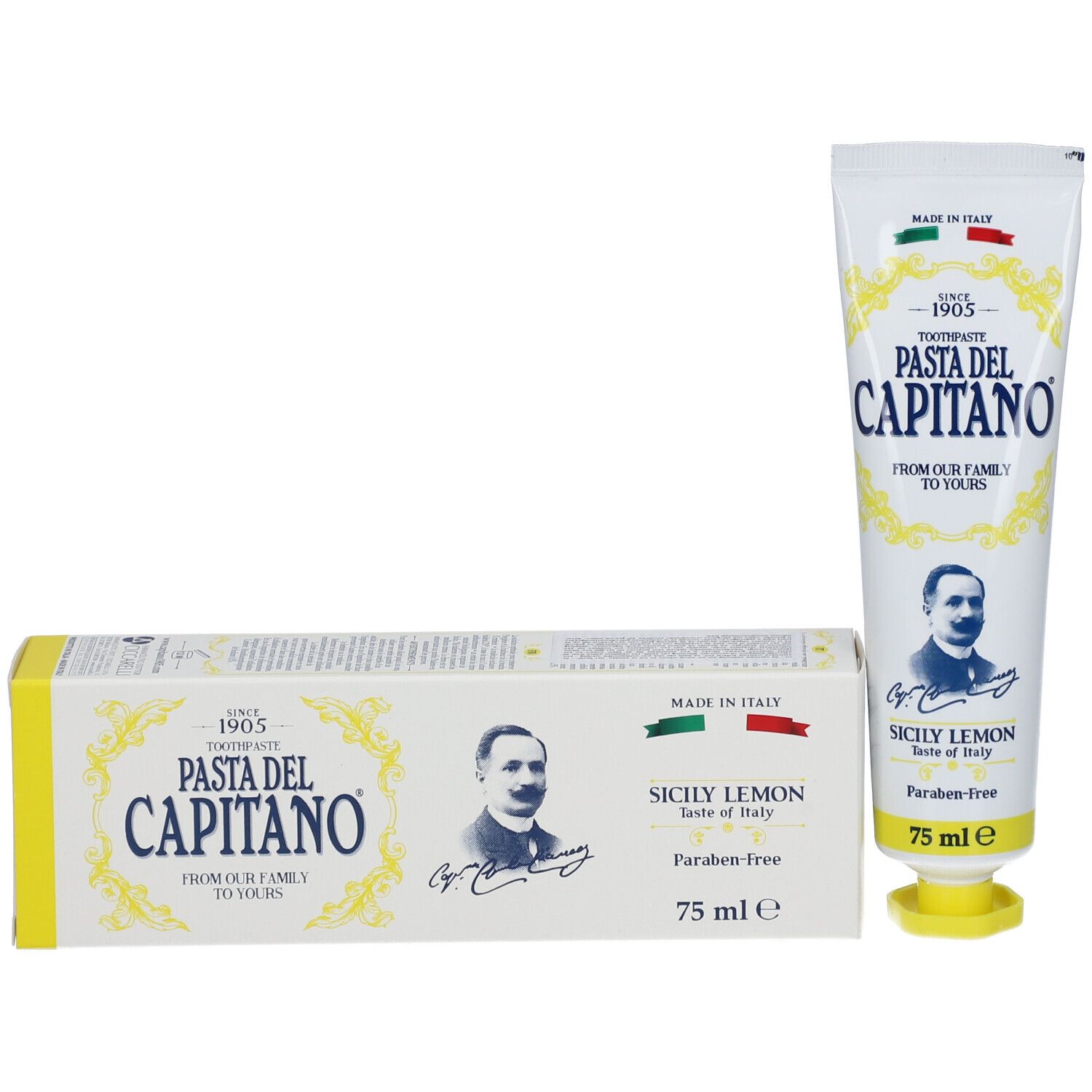 Tandpasta tube en doos. Opschrift: Pasta del Capitano, Sicily Lemon. 75 ml. Geel-witte doos.