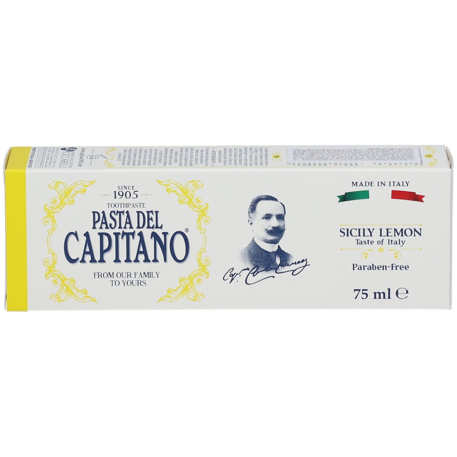 Witte doos met gele accenten. Opschrift: Pasta del Capitano, Sicily Lemon. 75 ml.