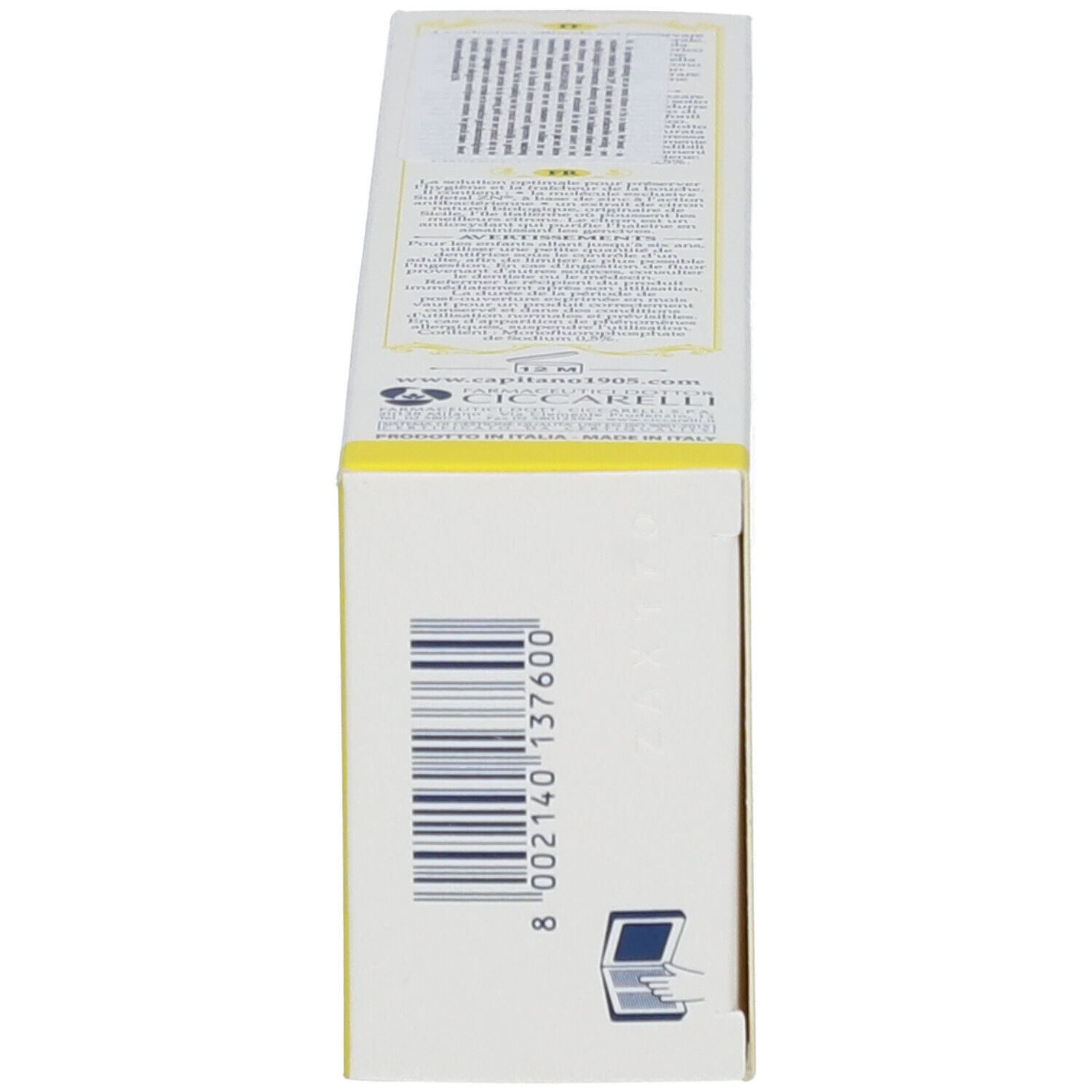 Zijkant van de doos. Barcode en tekst. Gele achtergrond.