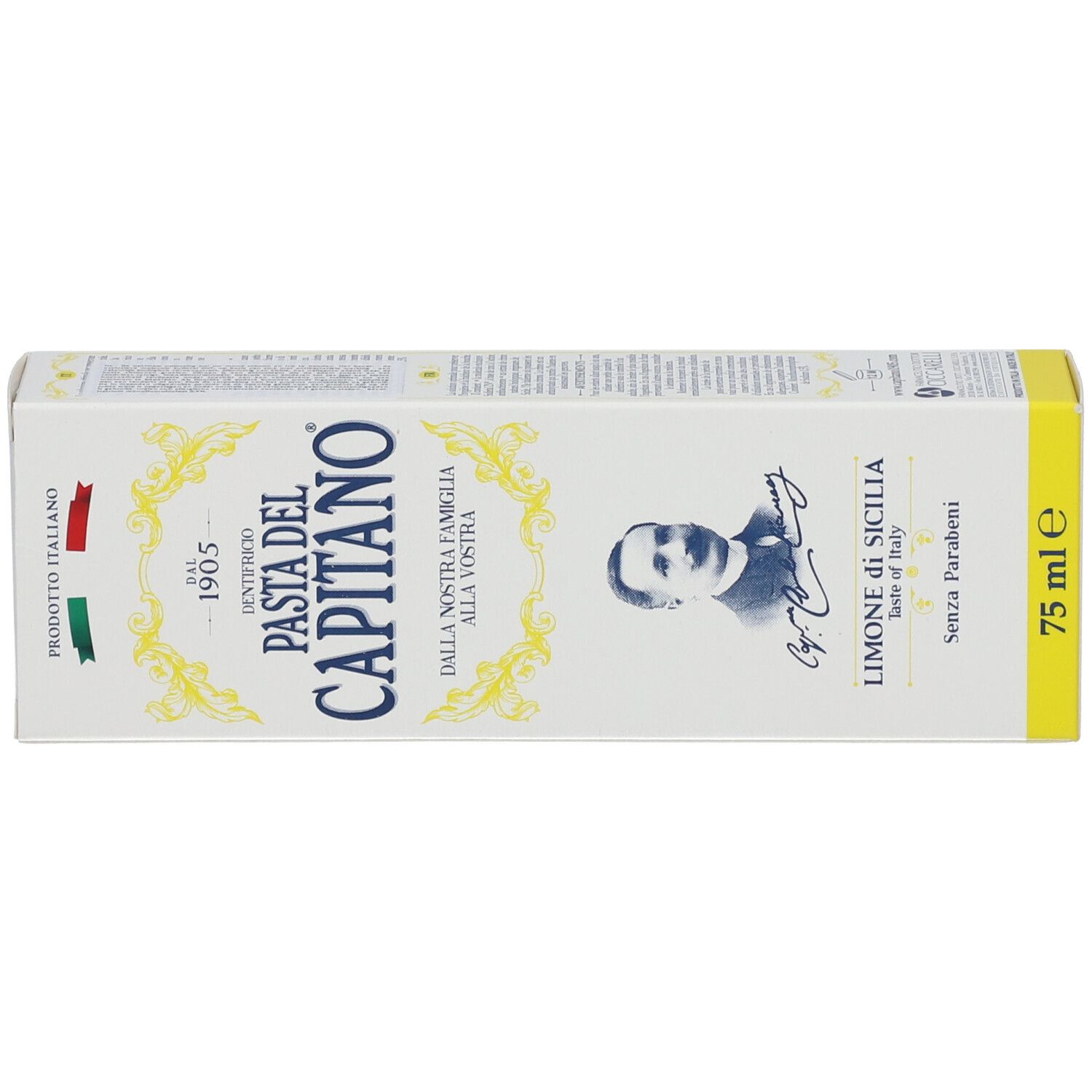 Doos met opschrift: Pasta del Capitano, Sicily Lemon. 75 ml. Gemaakt in Italië.