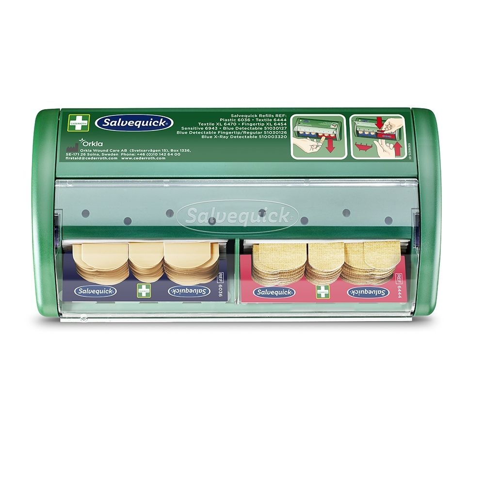 Groene Salvequick pleisterdispenser met twee vakken voor pleisters. Bovenaan staan instructies.