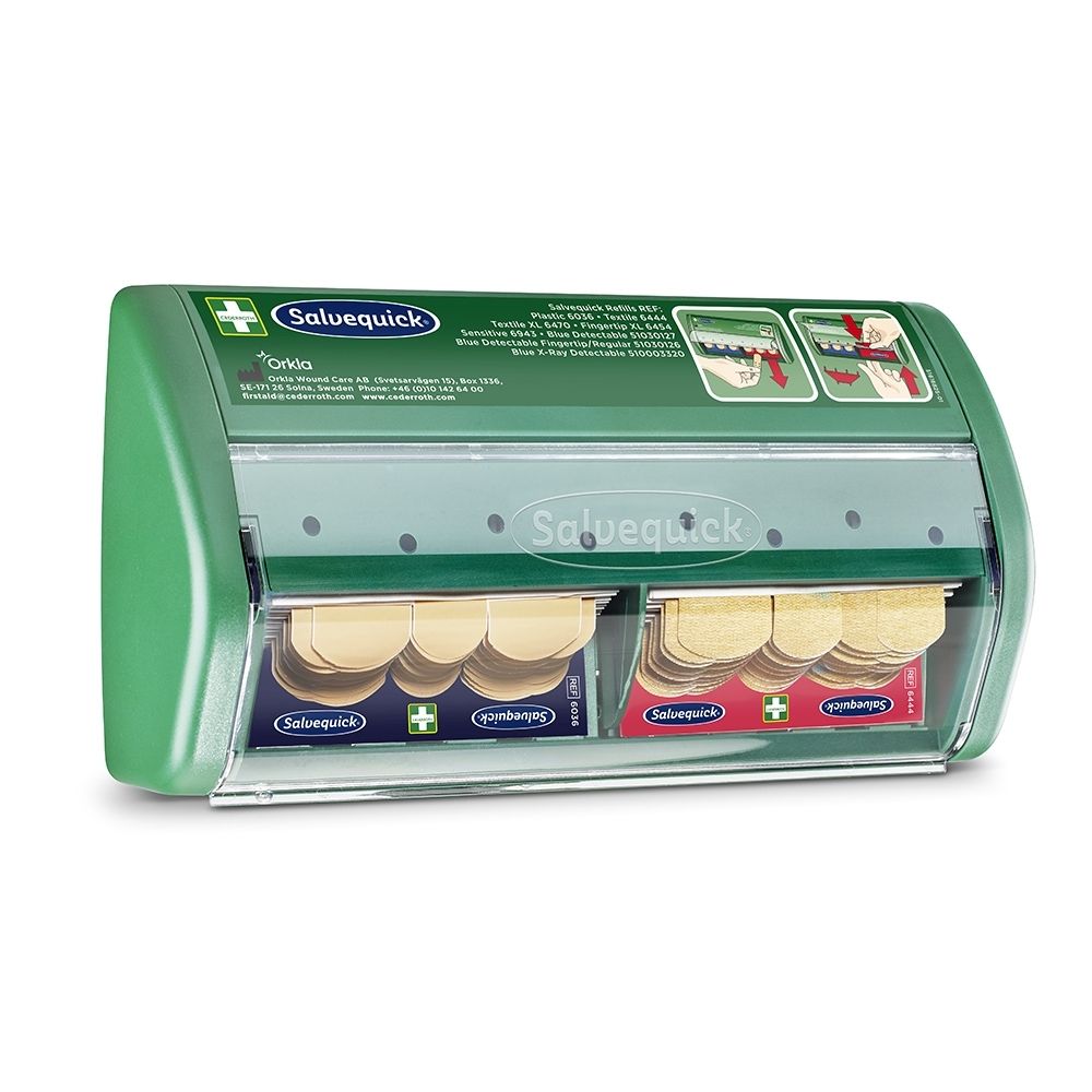 Groene Salvequick pleisterdispenser met twee vakken voor pleisters. Bovenaan staan instructies.