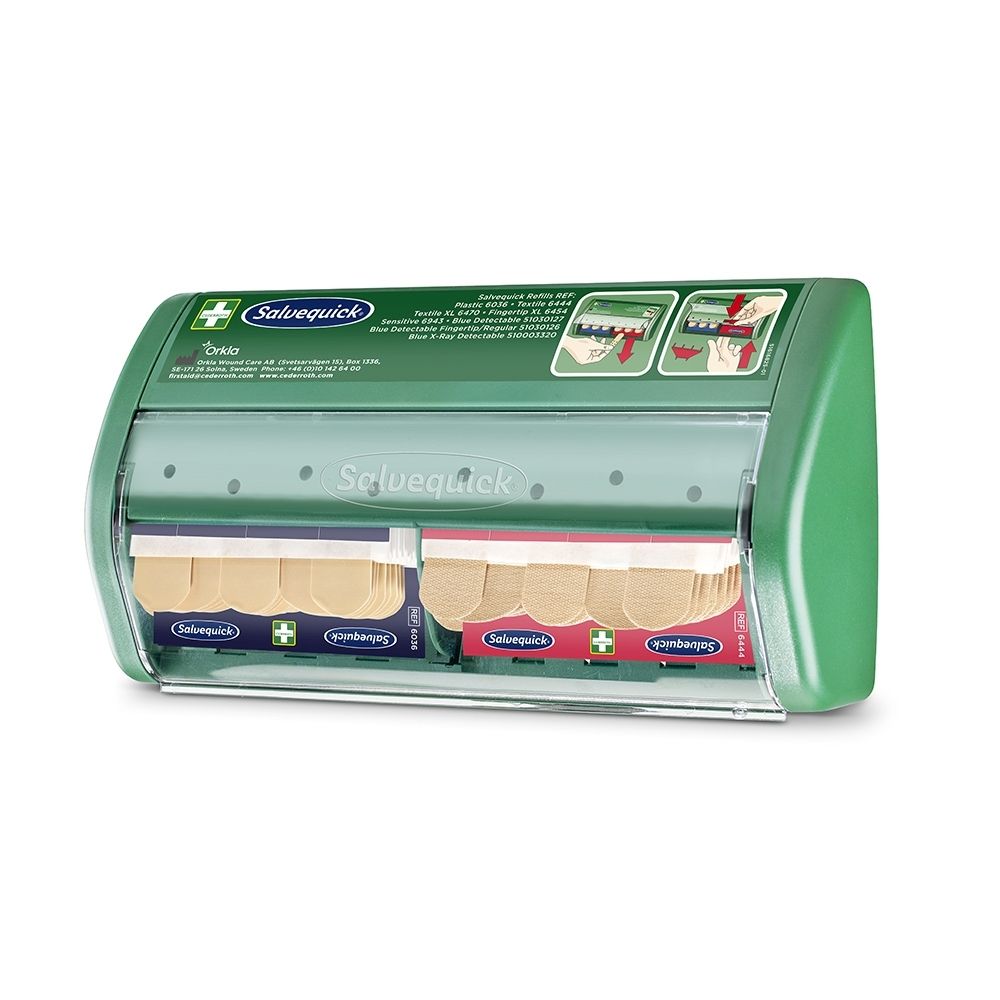 Groene Salvequick pleisterdispenser met twee vakken voor pleisters. Bovenaan staan instructies.
