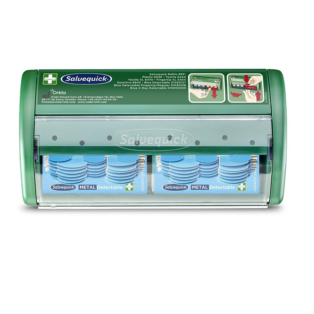 Distributeur Salvequick vert avec deux compartiments, rempli de pansements bleus.