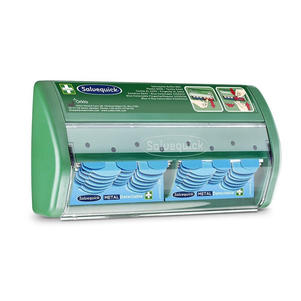 Groene Salvequick dispenser met twee vakken, gevuld met blauwe pleisters.