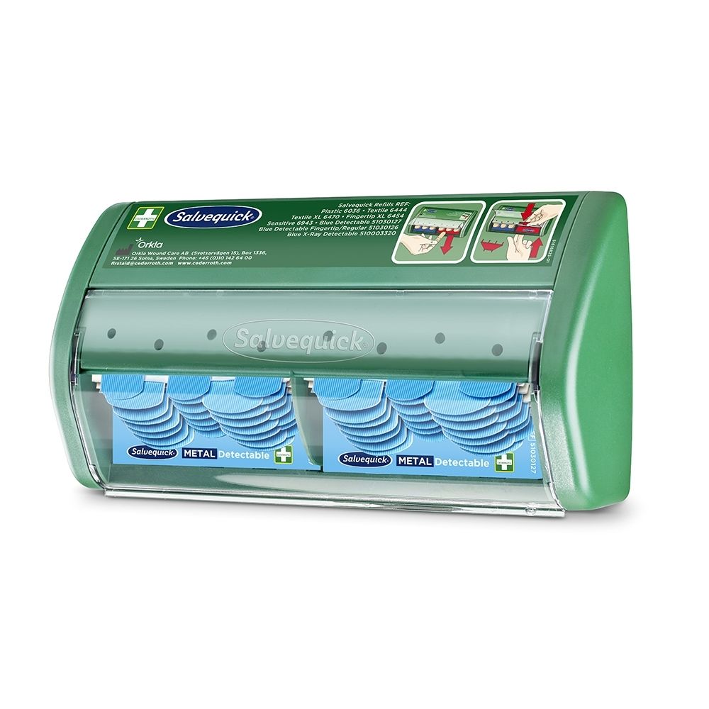 Groene Salvequick dispenser met twee vakken, gevuld met blauwe pleisters.