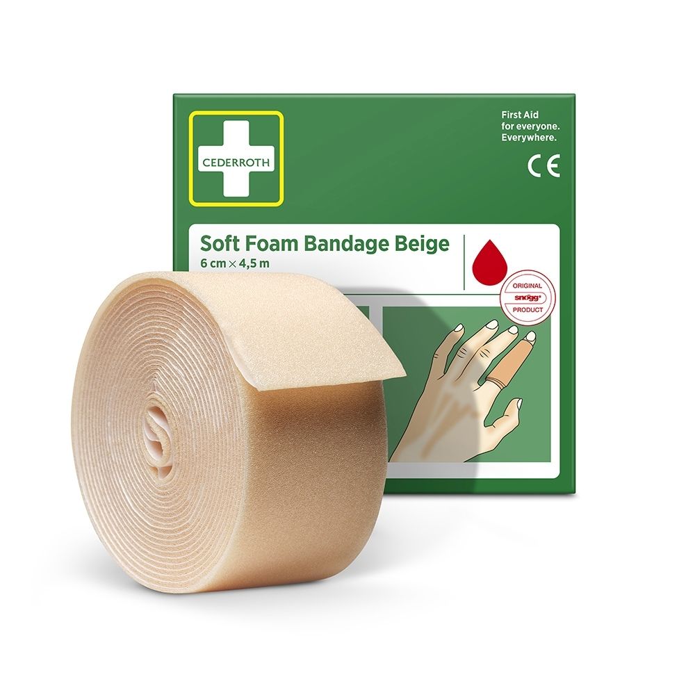 Cederroth Soft Foam Bandage Beige, 6 cm x 4,5 m. Doos met Nederlandse toepassingsinstructies.