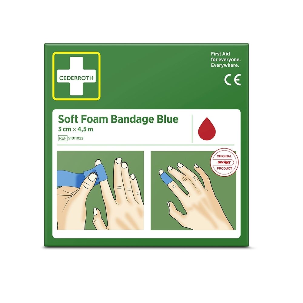 Voorkant van de groene verpakking voor Cederroth Soft Foam Bandage Blue, 3cm x 4,5m. Toont toepassing op vinger.