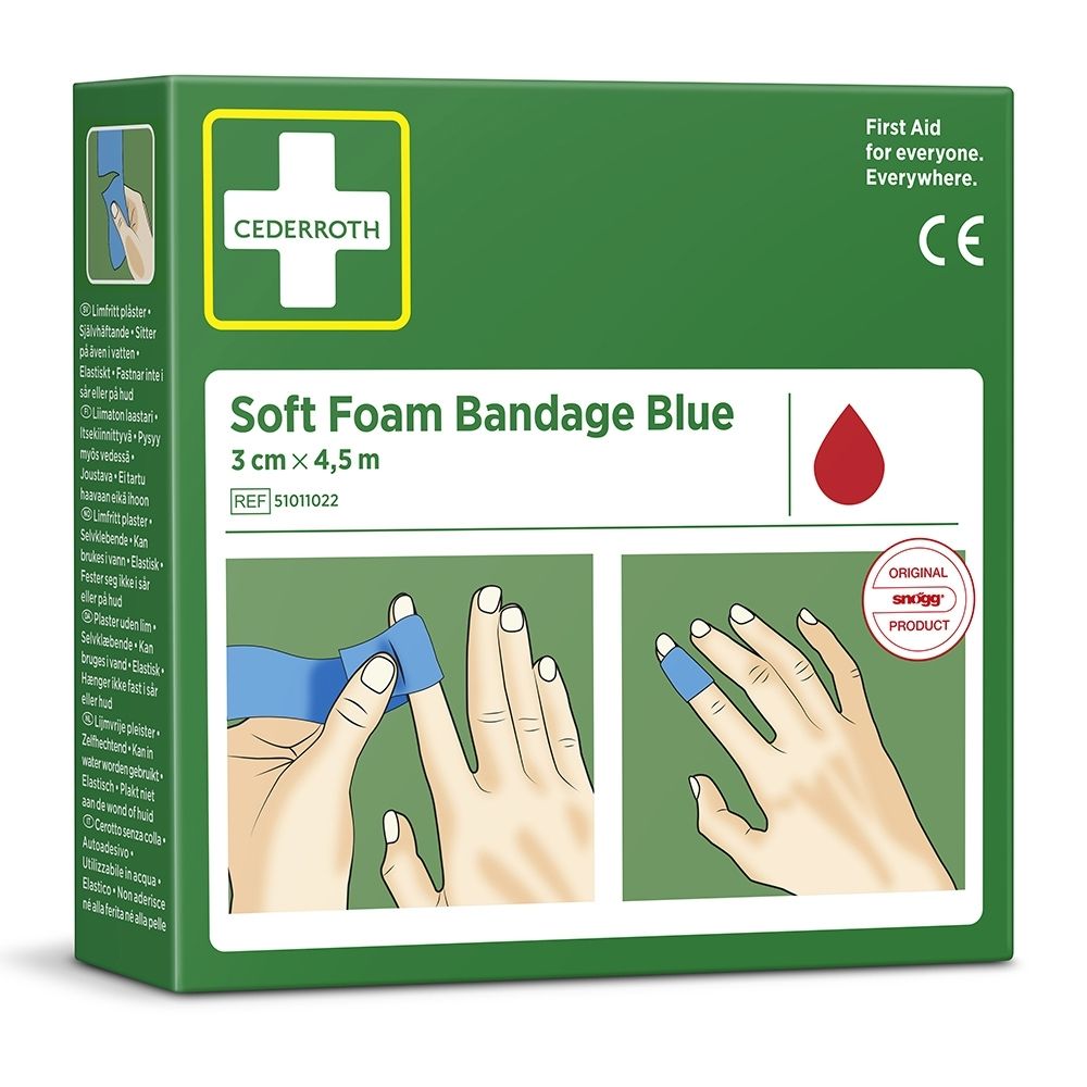 Groene verpakking voor Cederroth Soft Foam Bandage Blue, 3cm x 4,5m. Toont toepassing op vinger.