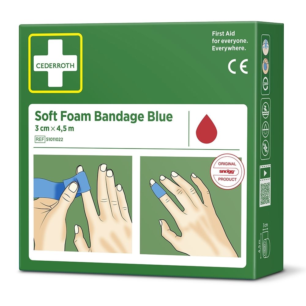Groene verpakking voor Cederroth Soft Foam Bandage Blue, 3cm x 4,5m. Toont toepassing op vinger.