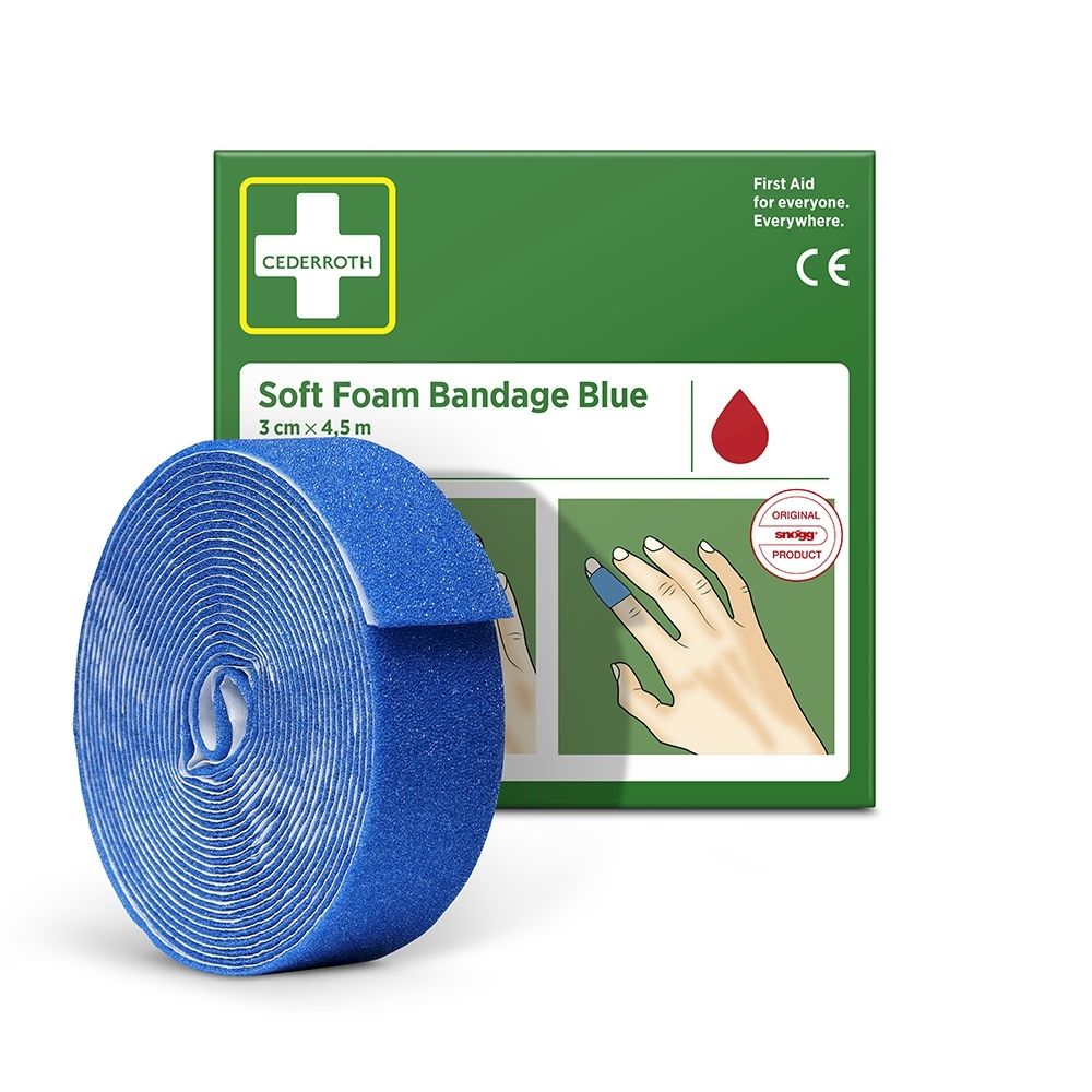 Zijaanzicht van de groene verpakking voor Cederroth Soft Foam Bandage Blue. Toont toepassingssymbolen en rolmaat.