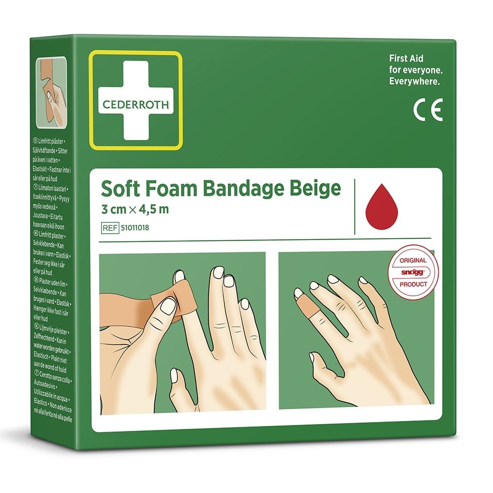 Vue latérale de l'emballage vert Cederroth Soft Foam Bandage Beige 3cm x 4,5m avec symboles d'application.