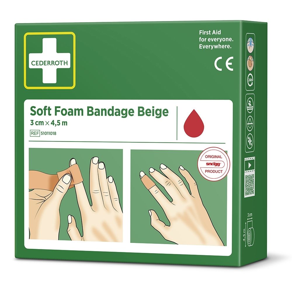 Zijaanzicht van de groene verpakking Cederroth Soft Foam Bandage Beige 3cm x 4,5m met toepassingssymbolen.