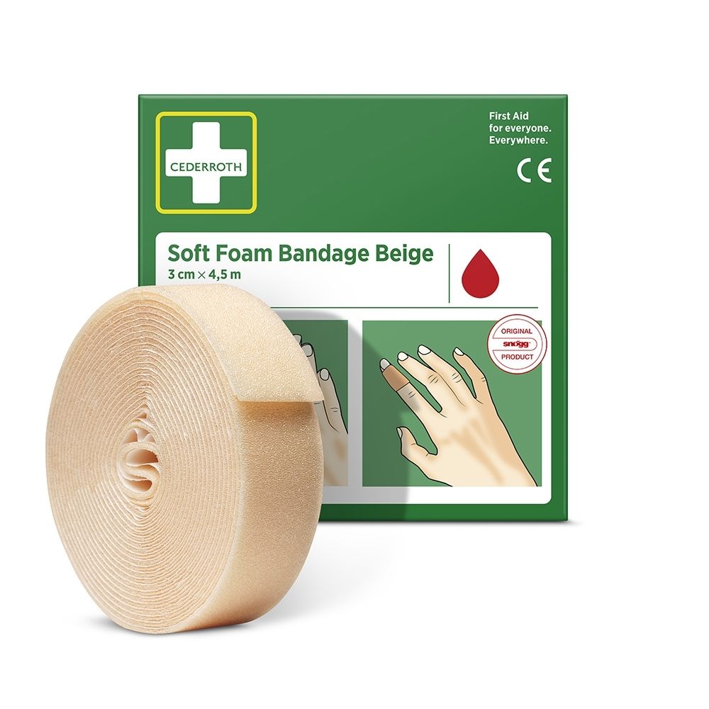 Achterkant van de groene verpakking Cederroth Soft Foam Bandage Beige 3cm x 4,5m met gebruiksinstructies.