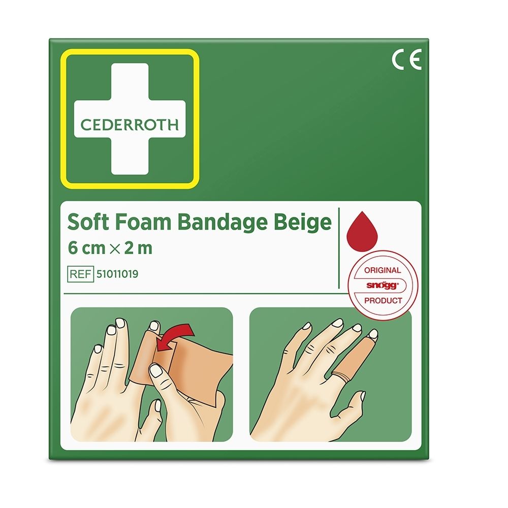Emballage Cederroth Soft Foam Bandage Beige, 6cm x 2m. Montre l'application sur le doigt.