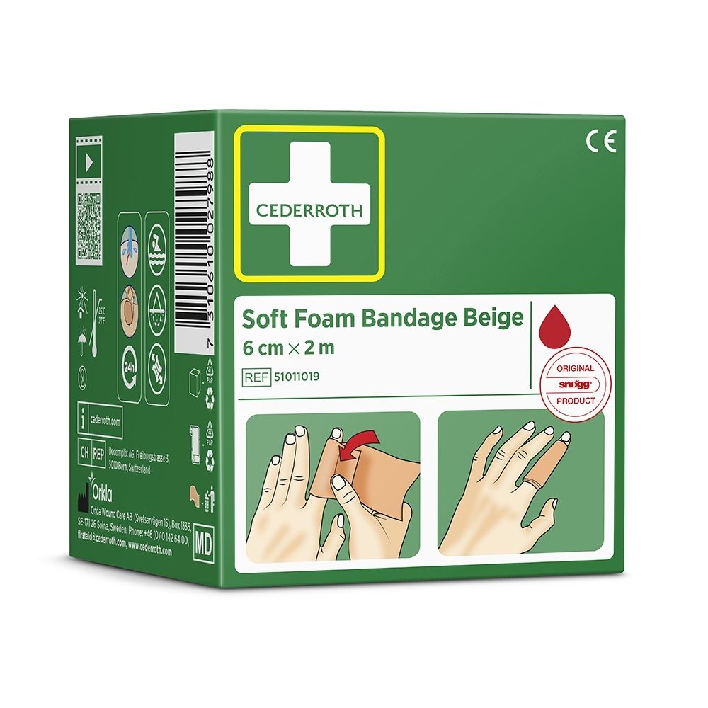 Cederroth Soft Foam Bandage Beige verpakking, 6cm x 2m. Toont toepassing op de vinger.