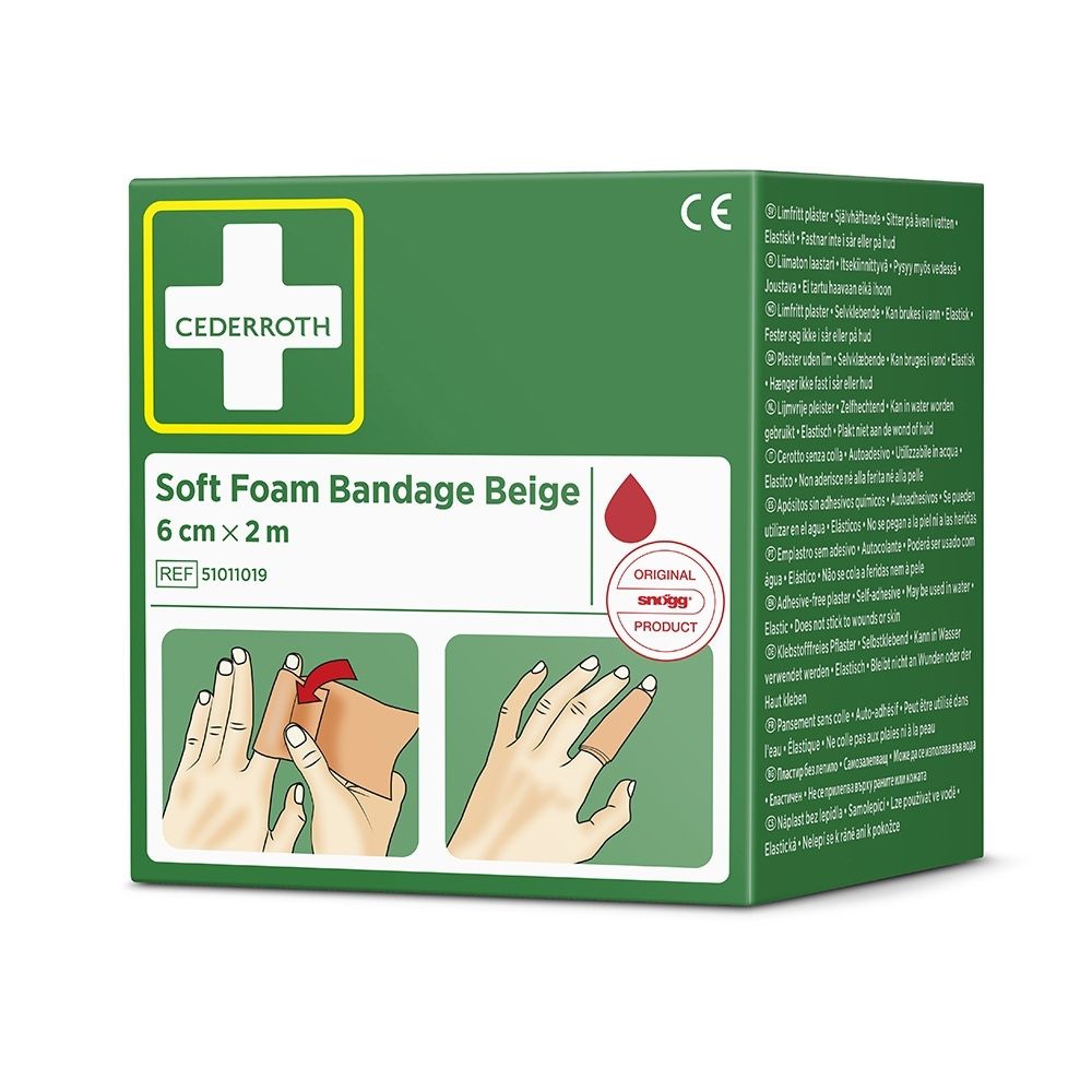 Cederroth Soft Foam Bandage Beige verpakking, 6cm x 2m. Toont toepassing op de vinger.