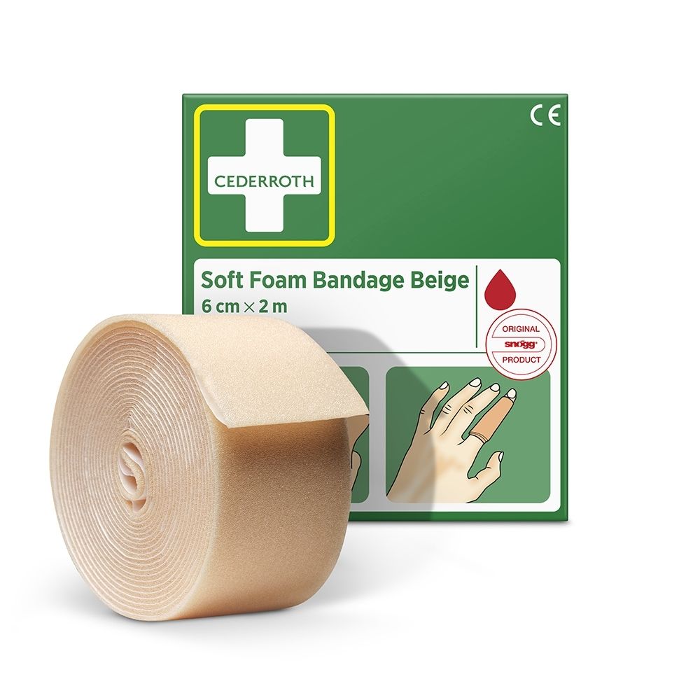 Emballage Cederroth Soft Foam Bandage Beige, 6cm x 2m. Montre l'application sur le doigt.