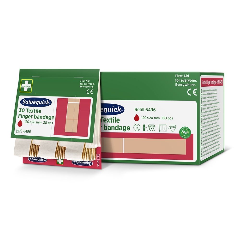 Salvequick Textielpleisters, 30 stuks, 120x20 mm. Cederoth logo en CE-markering.