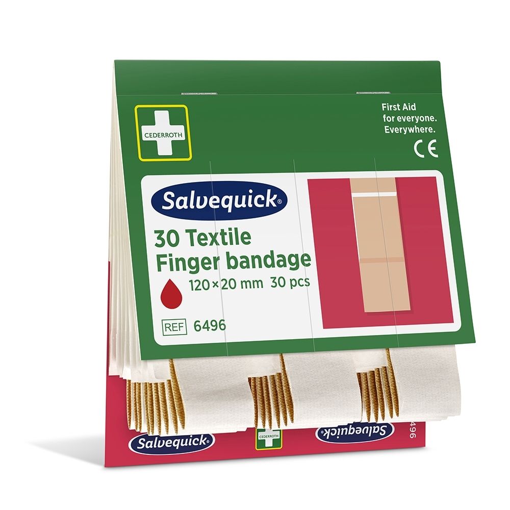 Salvequick Textielpleisters, 30 stuks, 120x20 mm. Voorkant met productafbeelding.