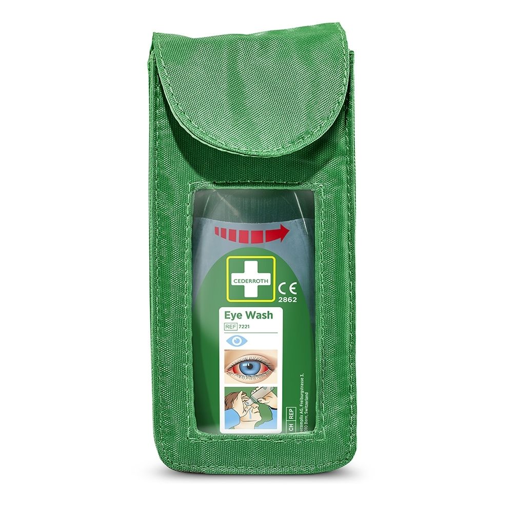 Groene hoes met oogspoelfles, CE-markering.