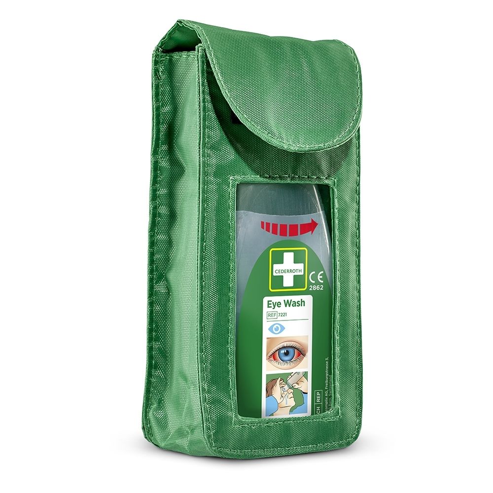 Groene hoes met oogspoelfles, CE-markering.