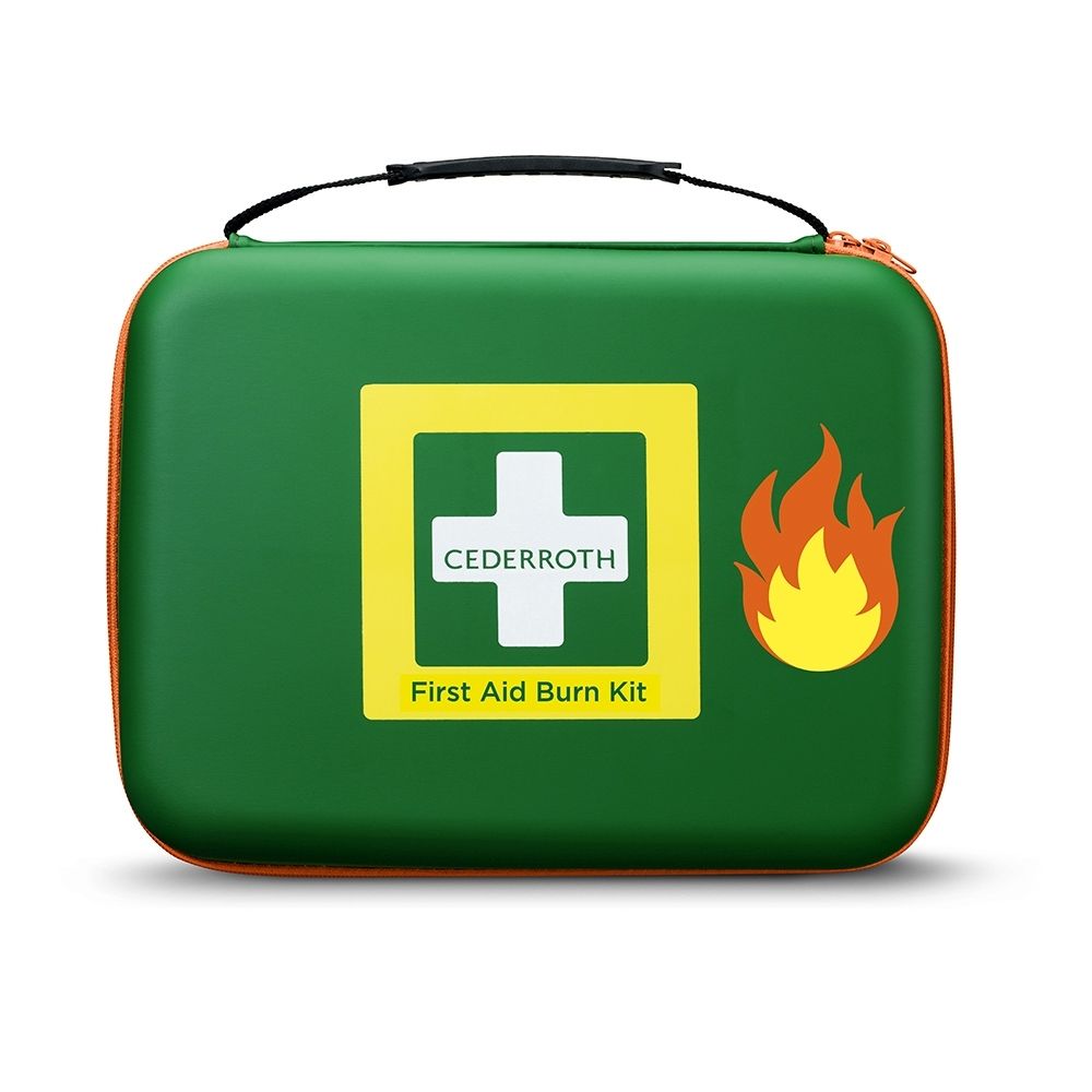 Trousse de premiers secours pour brûlures avec étui vert, étiquette blanche, logo Cederroth et symbole de flamme.