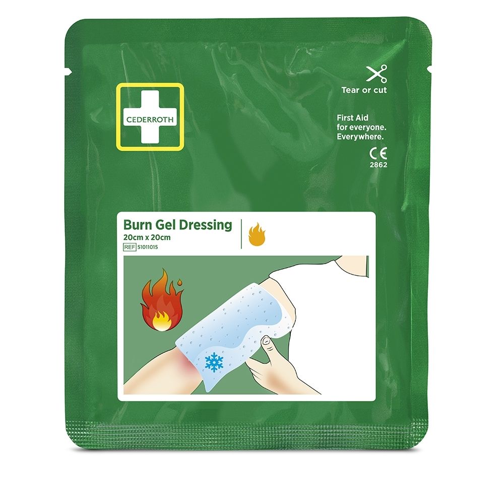 Cederroth Brandwondengel kompres 20x20cm. Groene verpakking met wit kruis en vlam-icoon.