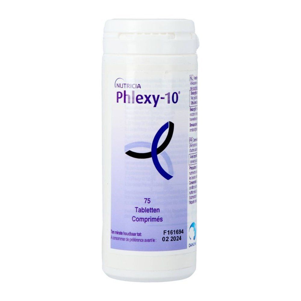 Witte tablettencontainer met blauw logo en opschrift Phlexy-10. 75 tabletten. Vooraanzicht.