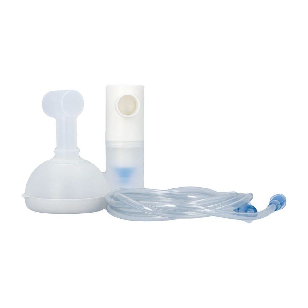 Accessoires pour inhalateur. Embout buccal, masque, tube et raccords. Blanc et transparent.