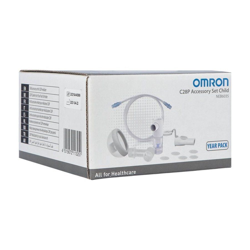Omron C28P Accessoireset Kind. Doos met afbeelding van de inhoud. Bevat inhalatie accessoires.