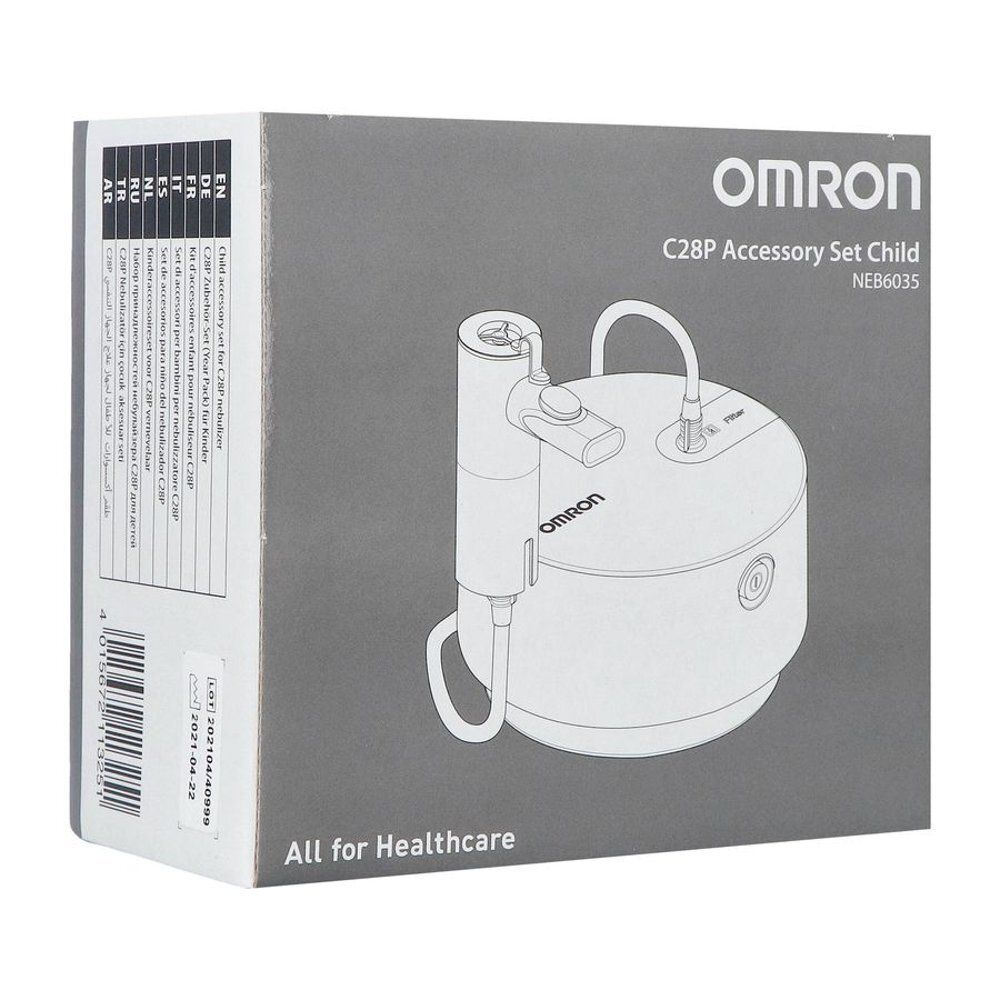 Kit d'accessoires Omron C28P pour enfant. Boîte avec illustration du produit. Contient des accessoires d'inhalation.