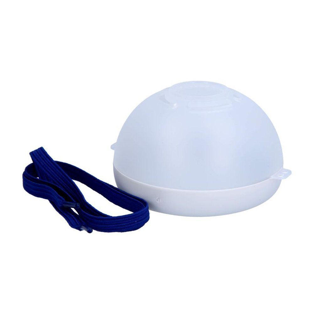 Wit masker met blauwe elastische band. Ronde vorm, transparante koepel.
