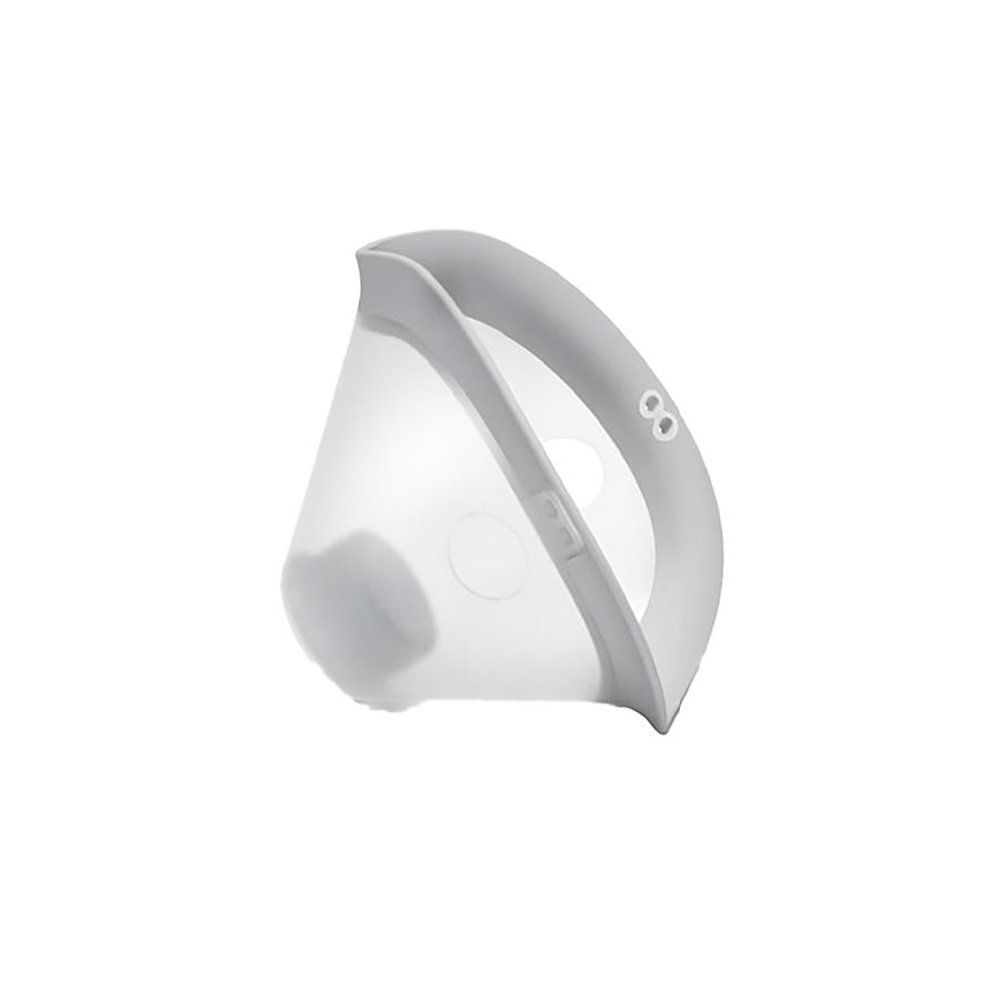 Grijs-transparant Omron C28P masker. Met handvat en twee knoppen. Vormgegeven voor gezichtsbedekking.