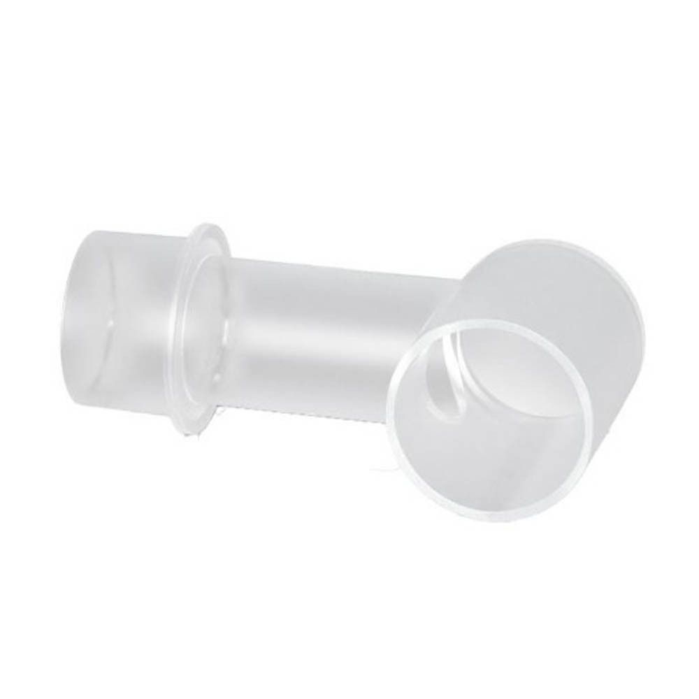 Adaptateur coudé transparent. Extrémités cylindriques de diamètres différents. Raccord avec anneau.