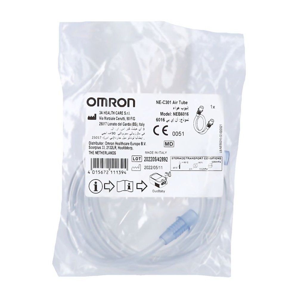 Tuyau transparent avec raccords bleus, emballé. Inscriptions: Omron, NE-C301 Air Tube.