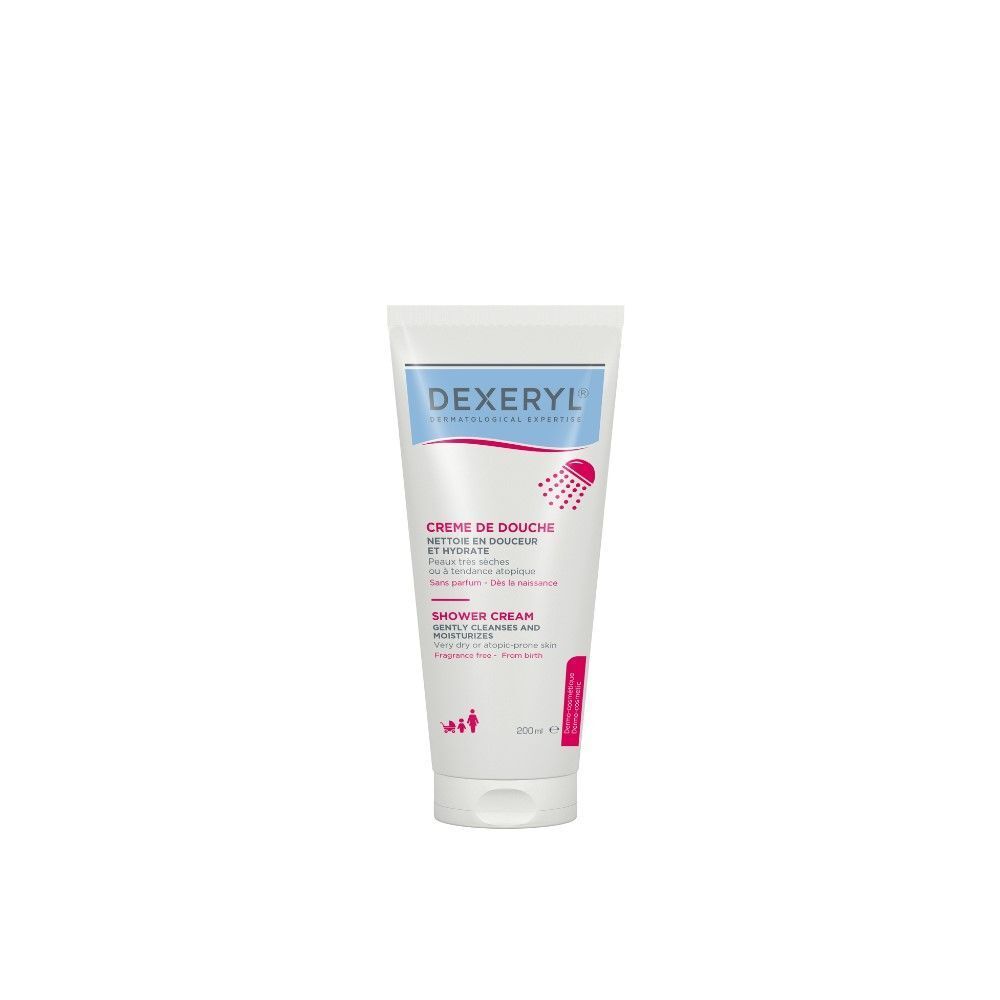 Tube Dexeryl Crème de Douche. Texte: Crème de Douche, pour peaux très sèches. 200ml. Logo et nom du produit.
