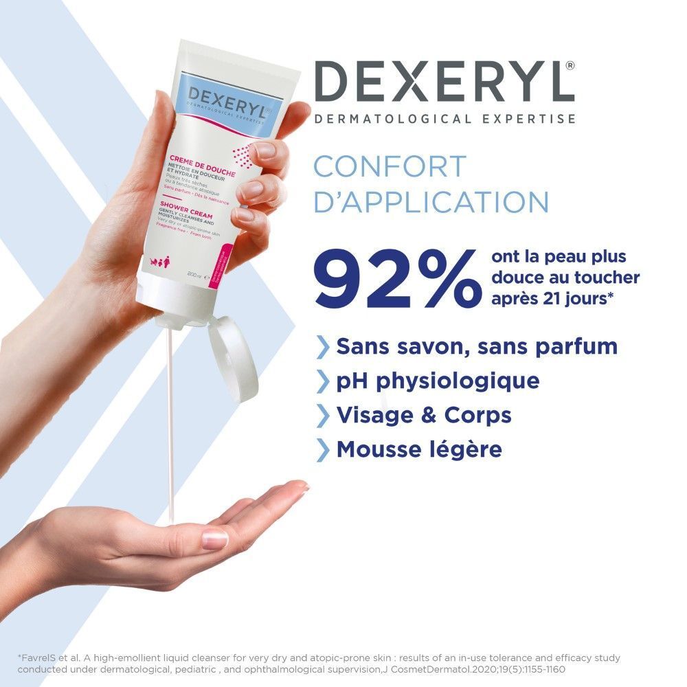 Femme tenant un tube Dexeryl Crème de Douche. Nom du produit et logo visibles. Fond beige.