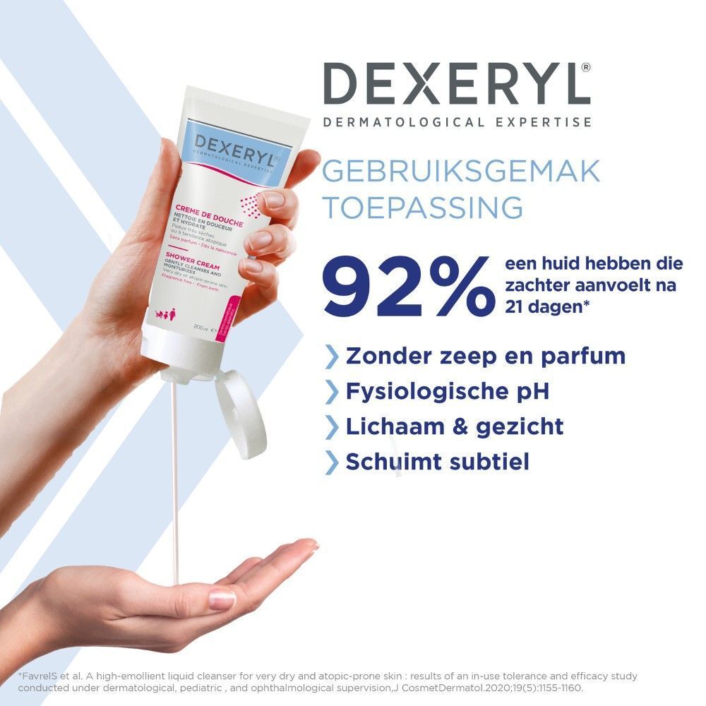Schuin geplaatste tube met productopdruk. Tekst: Dexeryl Crème de Douche. Douchecrème voor een zeer droge huid.