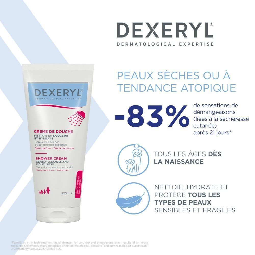 Femme tenant un tube Dexeryl Crème de Douche. Nom du produit et logo visibles. Fond beige.
