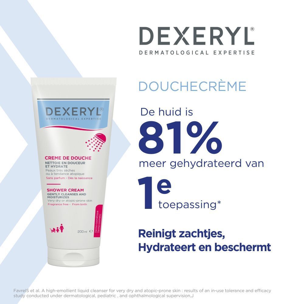 Man houdt een tube Dexeryl Crème de Douche vast. Productnaam en logo zichtbaar. Achtergrond: grijs.