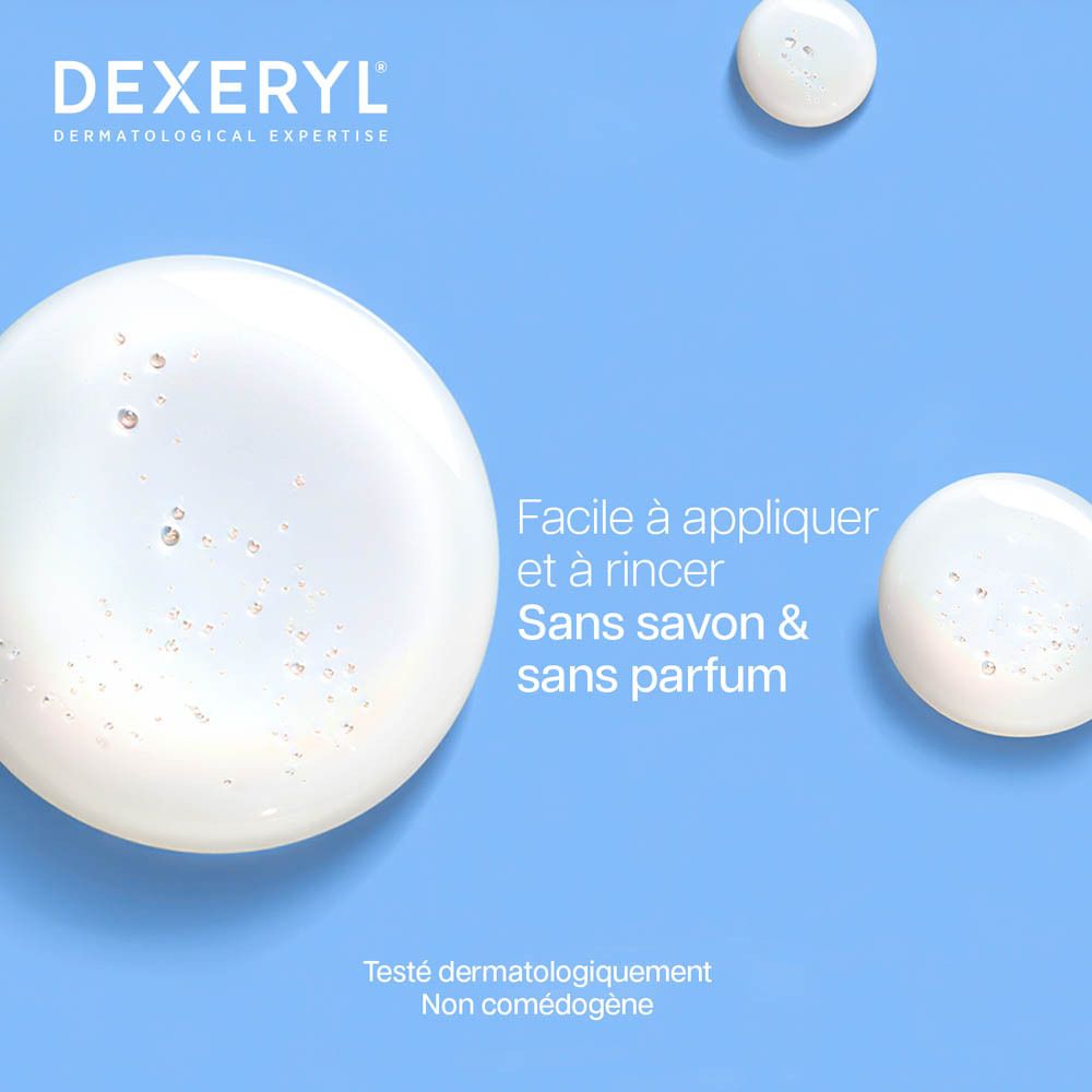 Flacon blanc avec pompe. Inscription: DEXERYL. Crème de douche. 500ml.