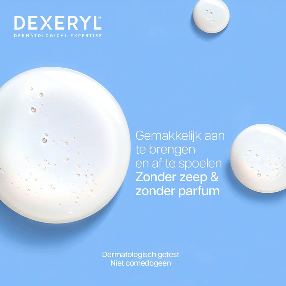 Witte fles met pomp. Opschrift: DEXERYL. Crème de douche. 500ml.