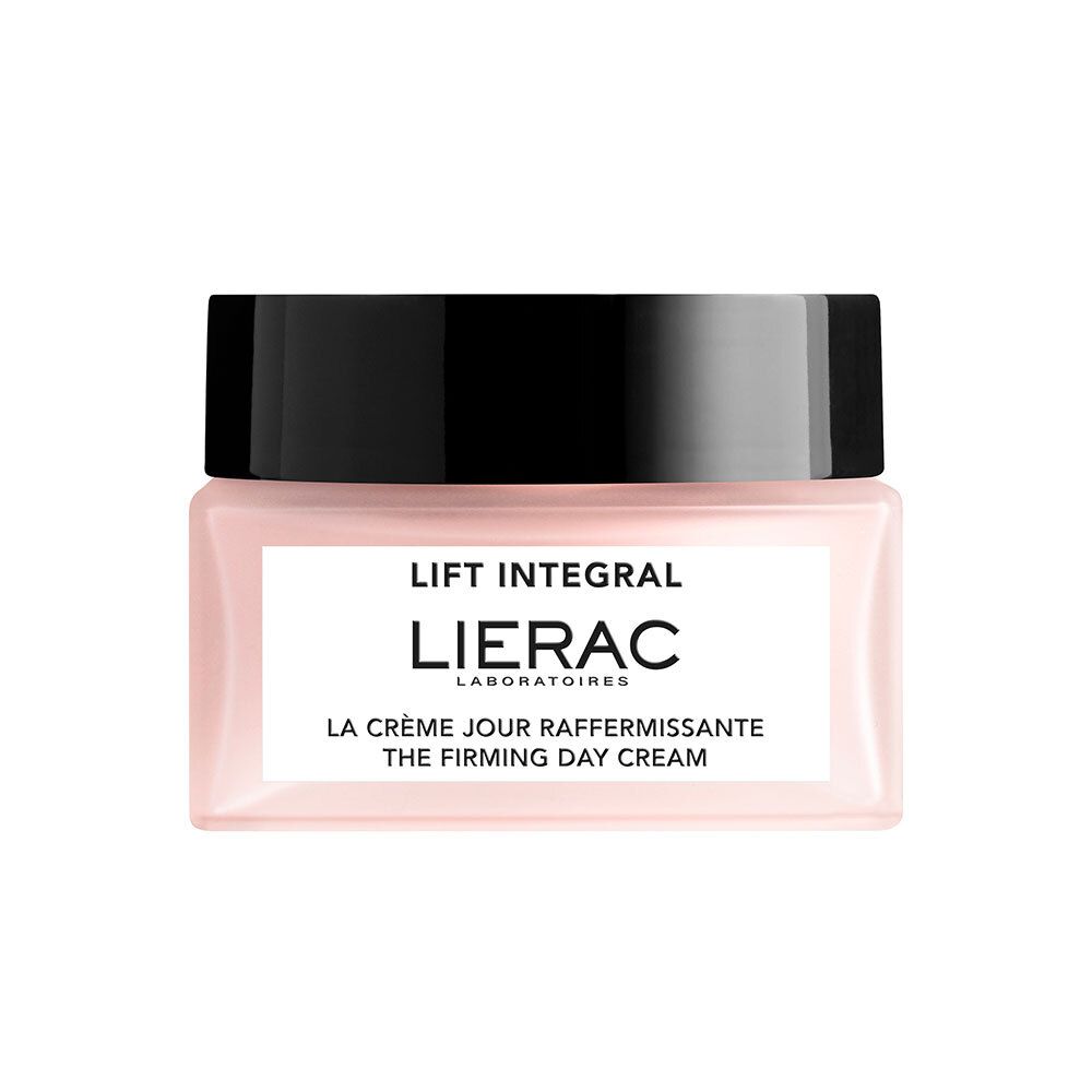 Roze crèmetiegel met zwarte deksel. Opschrift: LIFT INTEGRAL, LIERAC, LA CRÈME JOUR RAFFERMISSANTE, THE FIRMING DAY CREAM.