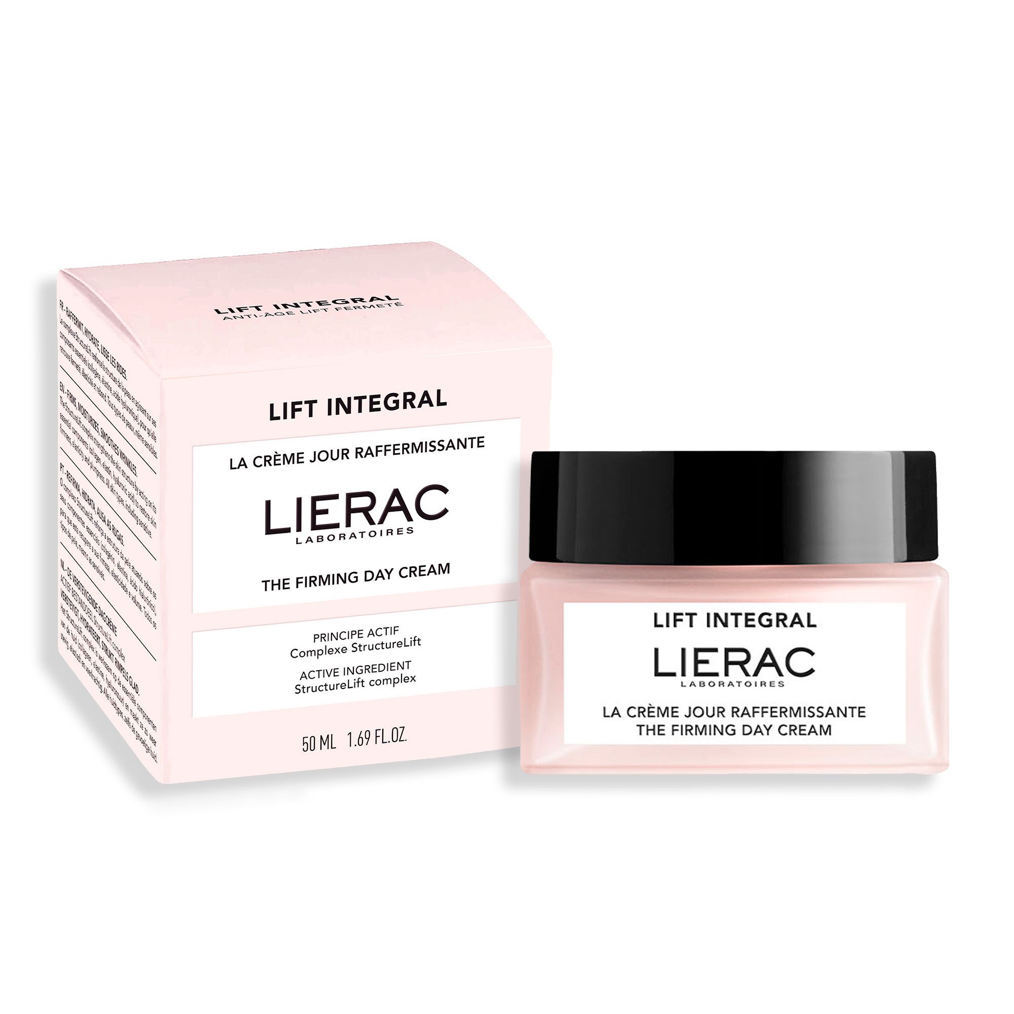 Roze doos en pot. Opschrift: Lierac Lift Integral. Dagcrème. 50 ml.