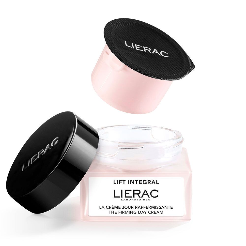 Pot de crème ouvert et recharge. Couvercle noir avec logo LIERAC. Récipient de crème rose.