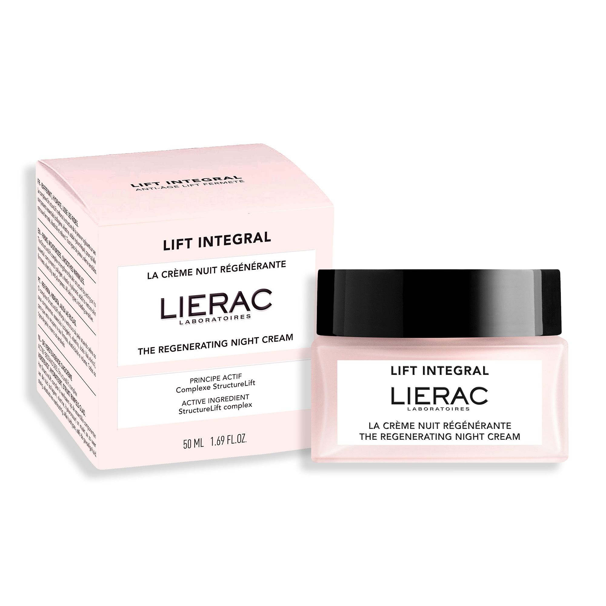 Productverpakking en pot. Opschrift: Lierac, Lift Integral, La Crème Nuit Régénérante. 50 ml.
