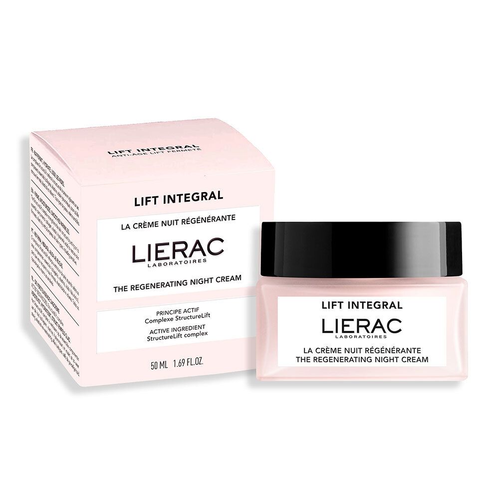 Verpakking en crèmepot. Opschrift: Lierac, Lift Integral, La Crème Nuit Régénérante.