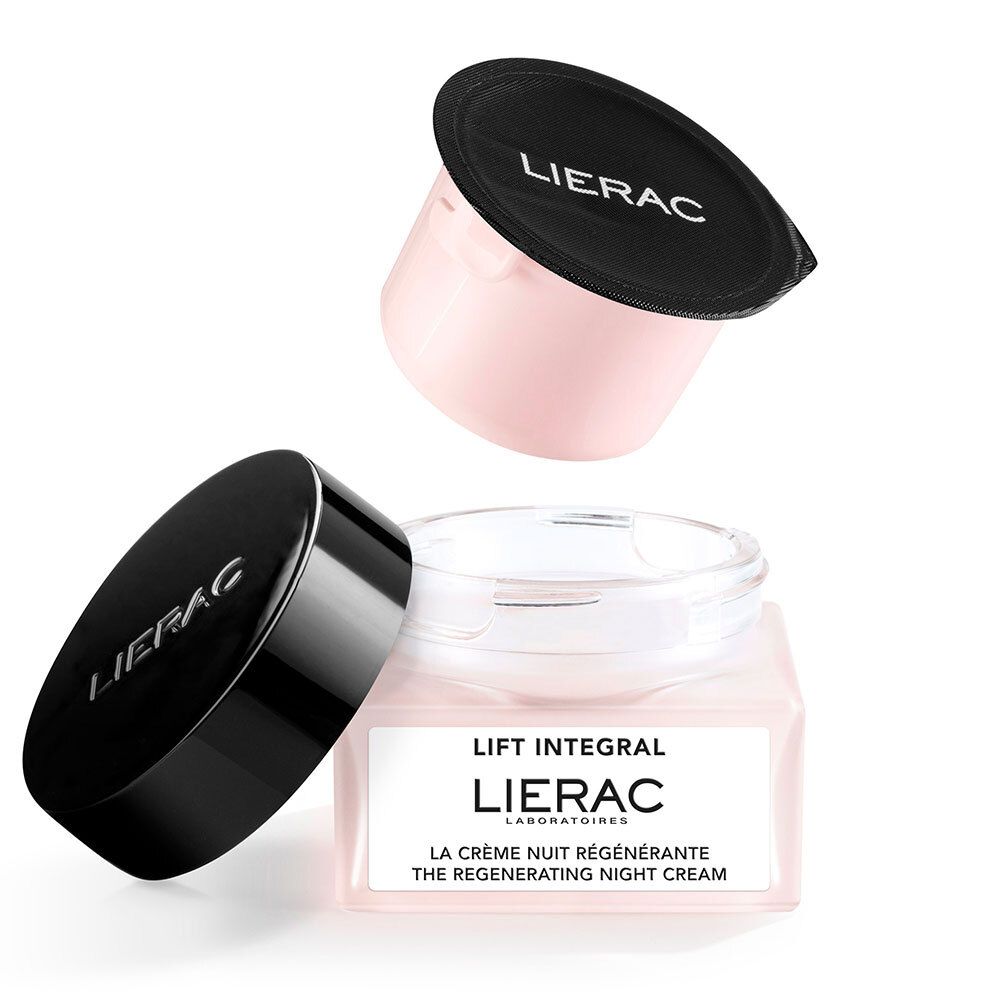 Crèmenavulling, deksel en glazen pot. Merk LIERAC, naam Lift Integral.