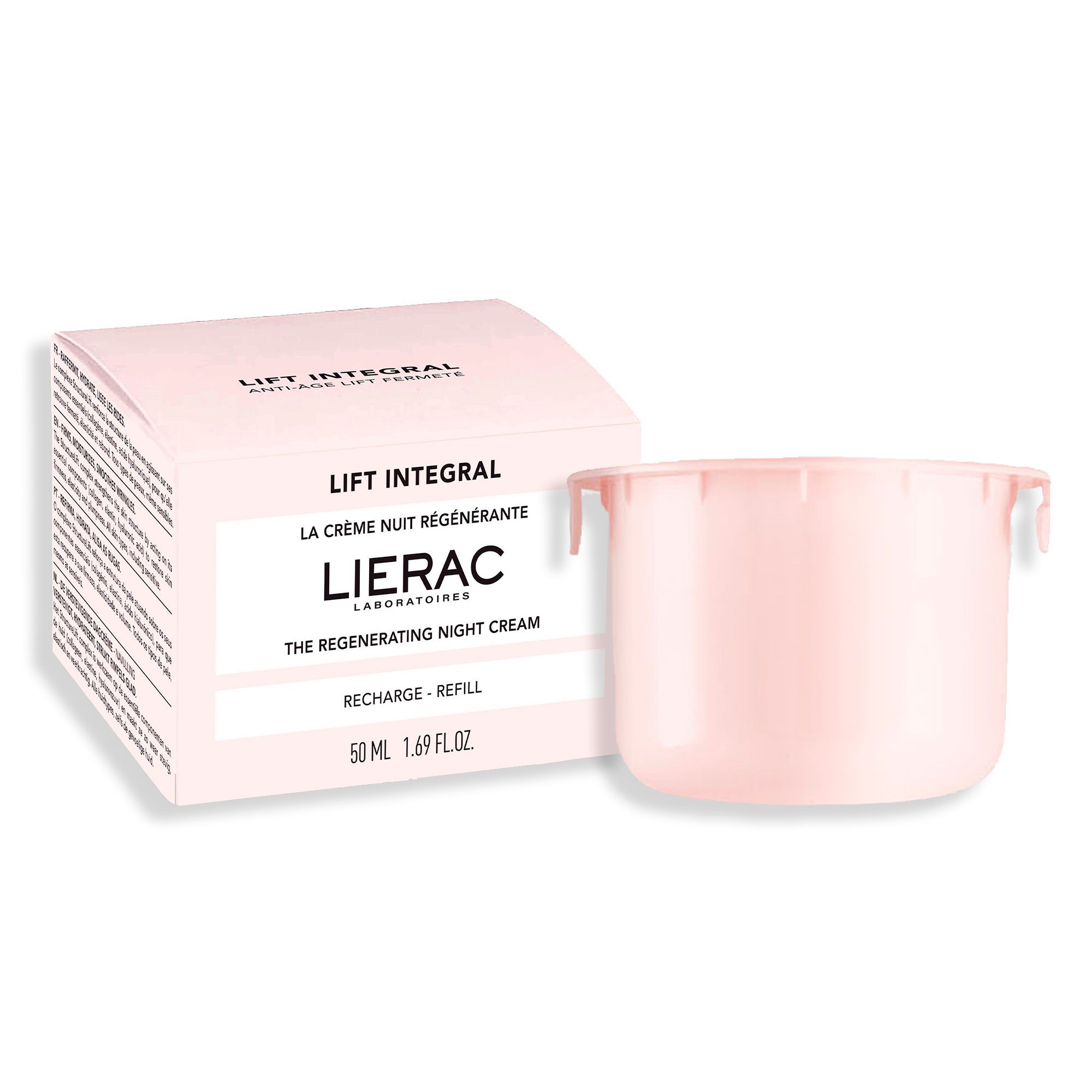 Emballage du produit et recharge. Texte : LIERAC, Lift Integral, crème de nuit.